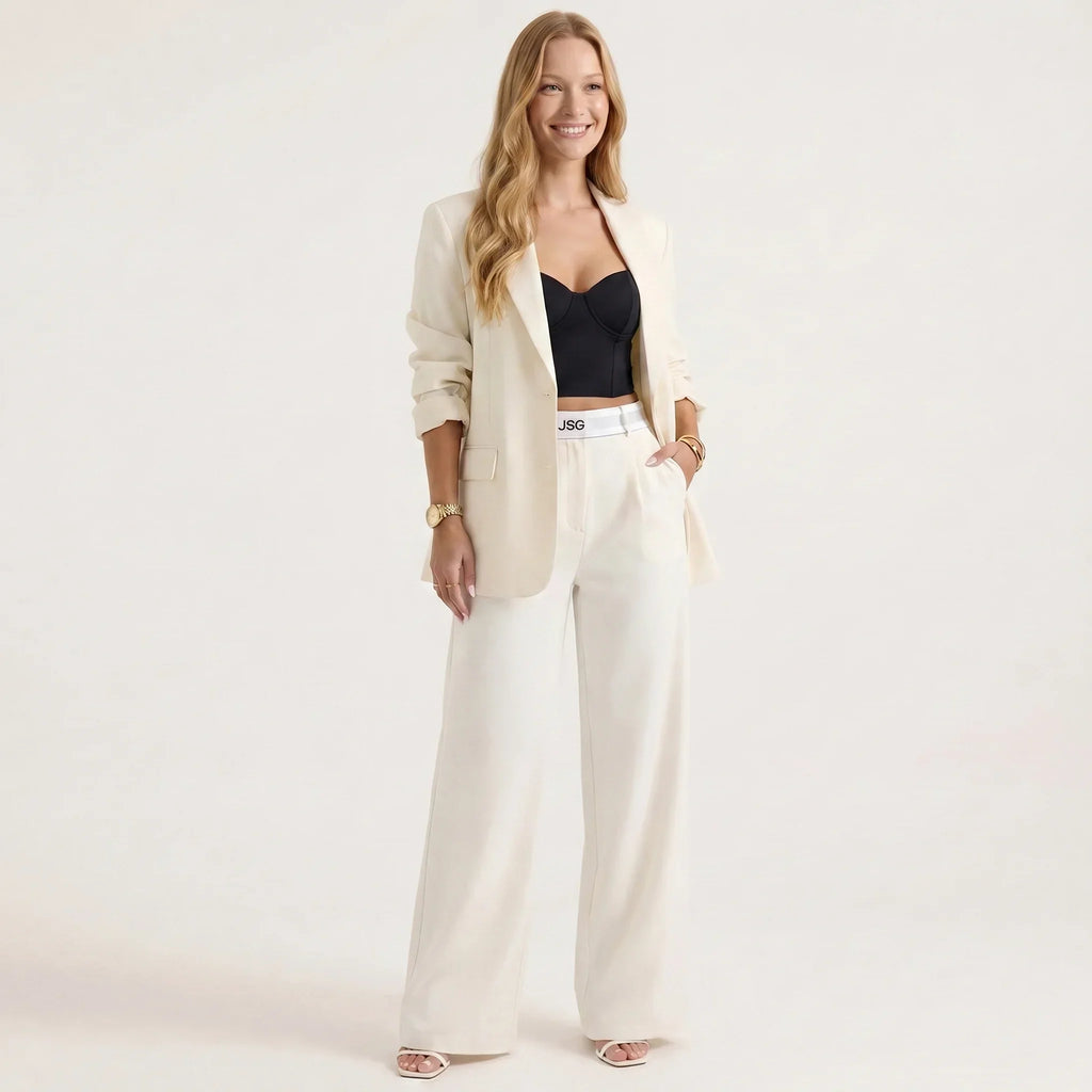 Damesett med elegant blazer og vide ben – Langermet, skreddersydd todelt dress-Outfit Sets-Kremfarget-S-Maubaru