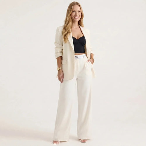 Damesett med elegant blazer og vide ben – Langermet, skreddersydd todelt dress-Outfit Sets-Kremfarget-S-Maubaru