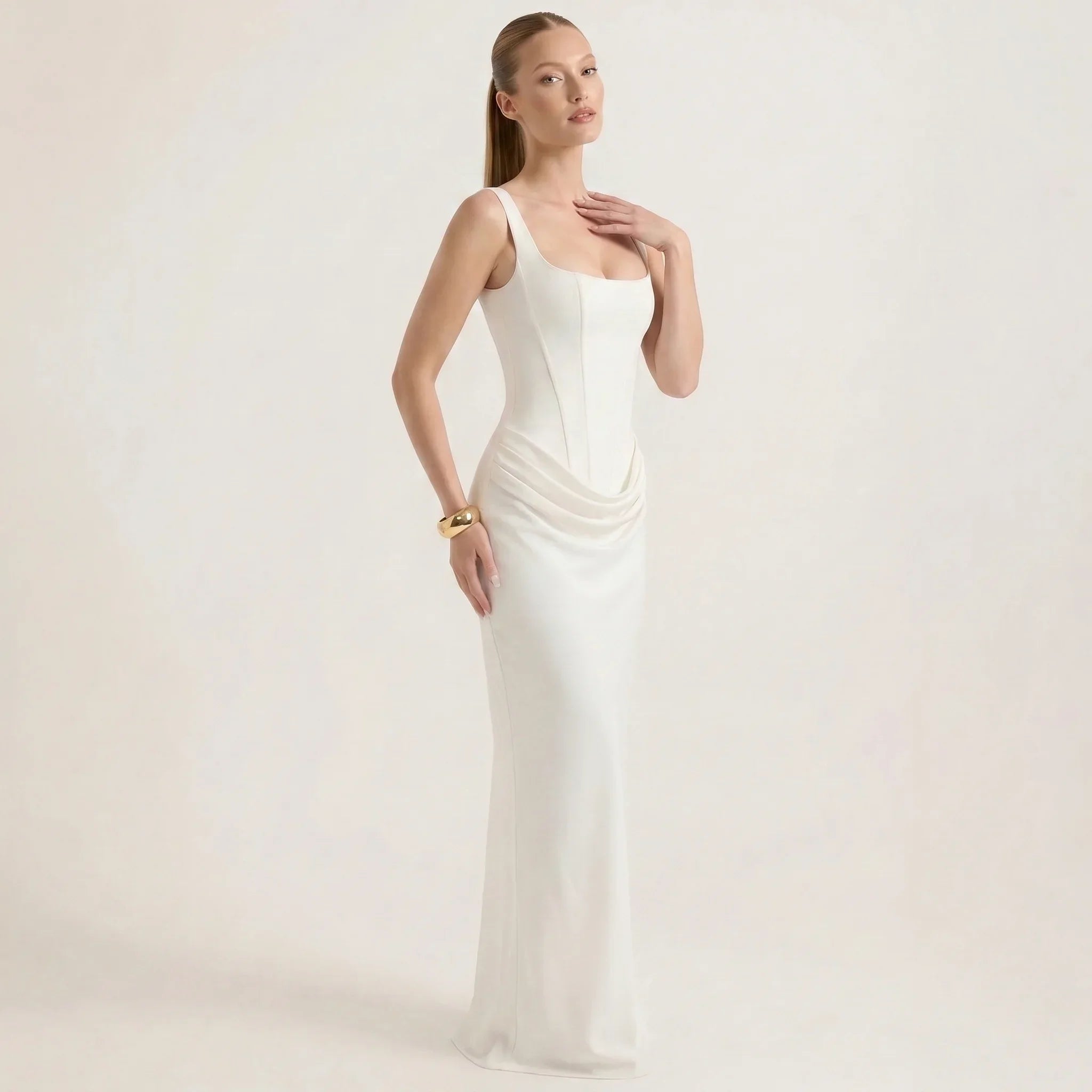 Elegant hvit maxikjole for kvinner – Slim fit ermeløs formell aftenkjole-Dresses-Hvit-XS-Maubaru