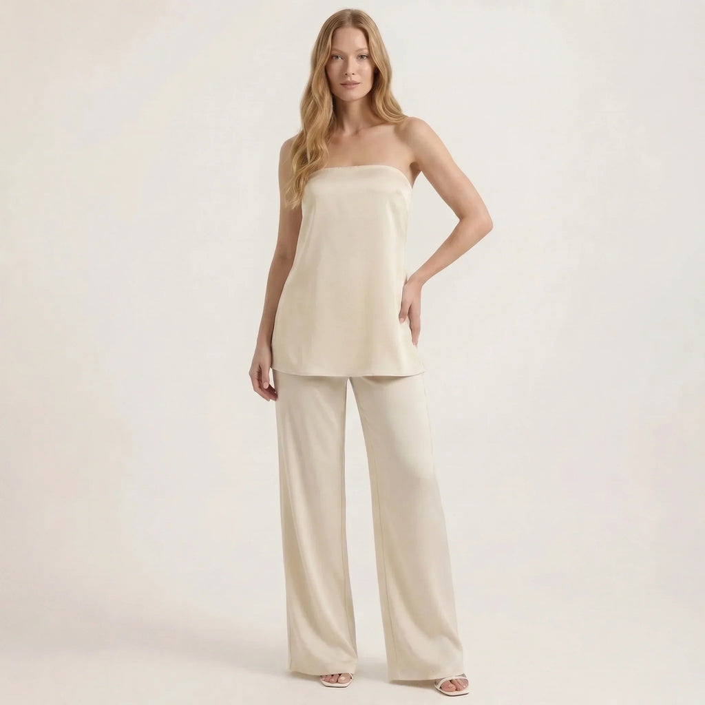 Damesett med stroppeløs topp og vide benbukser – Elegant todelt antrekk-Outfit Sets-Kremfarget-XS-Maubaru