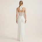 Women's Halter Neck Maxi Dress with Deep V-Neck and Ruched Details
