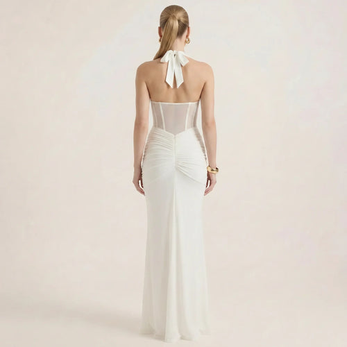 Women's Halter Neck Maxi Dress with Deep V-Neck and Ruched Details