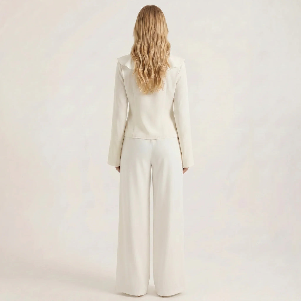 Women's Ruffle Two-Piece Set with V-Neck Top and Wide Leg Pants