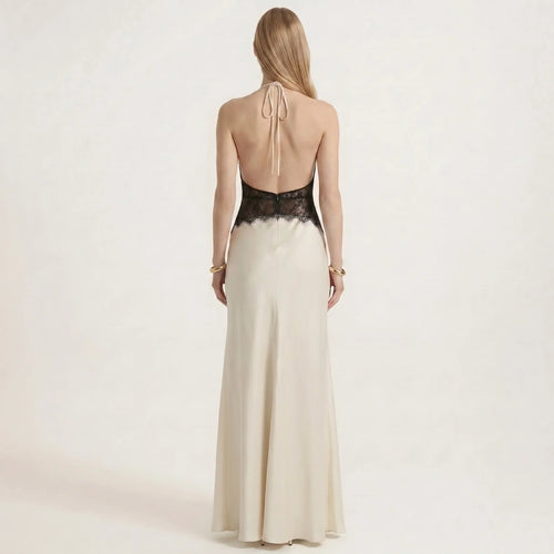 Women's Lace Halter Neck Dress with Deep V-Neck and Backless Design