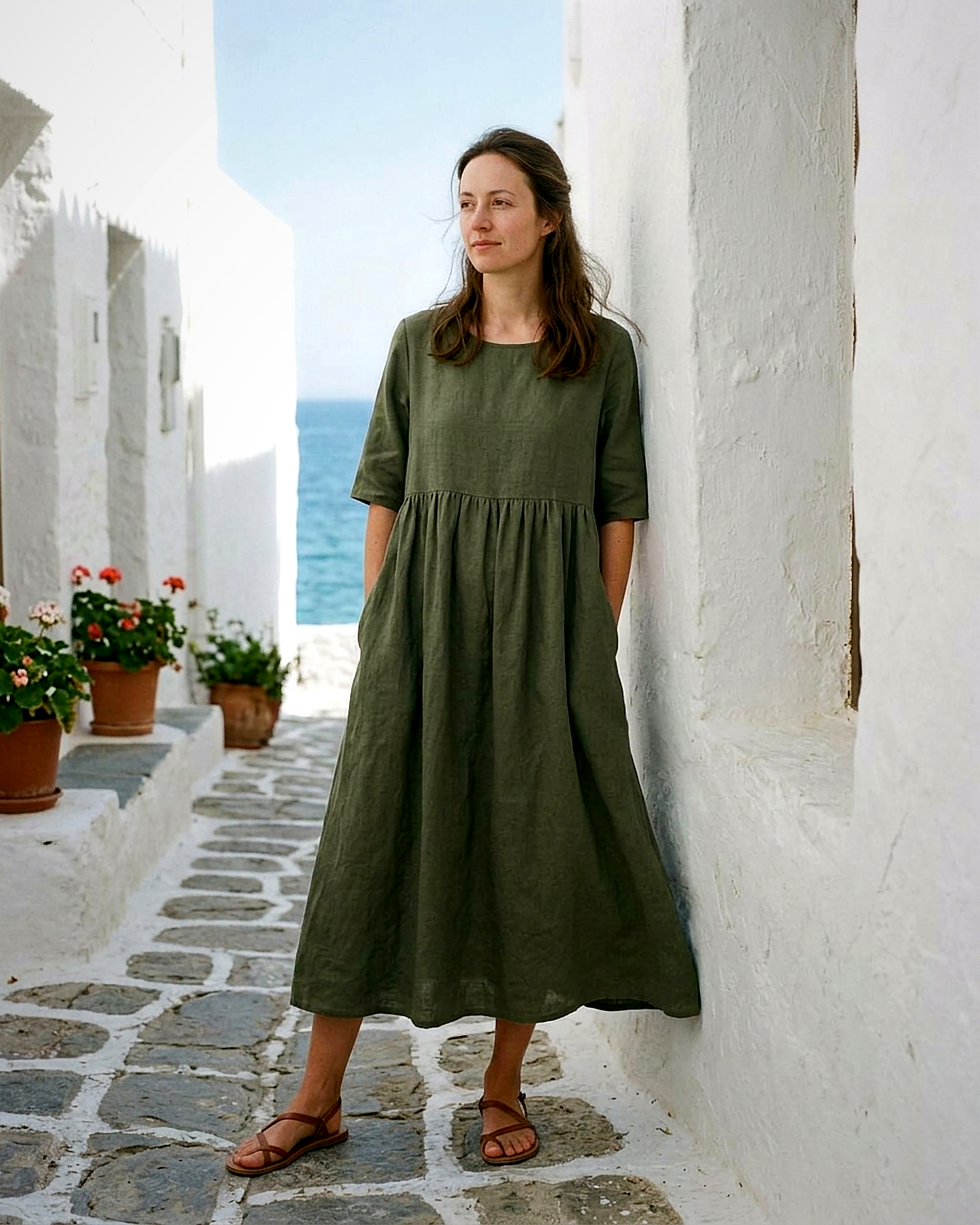 Odette Dress - Relaxed Linen in army green
